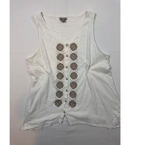 Boho J. Jill Embroidered Tank Top Womens Large Petite White Brown